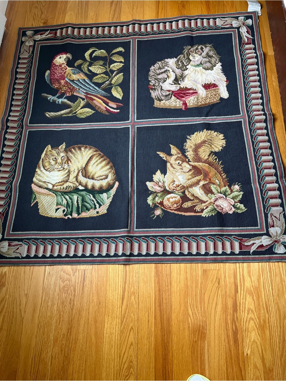 Animal Panel Needlepoint Tapestry Rug - Dog, Cat, Parrot, Squirrel 4 ft x 4 ft
